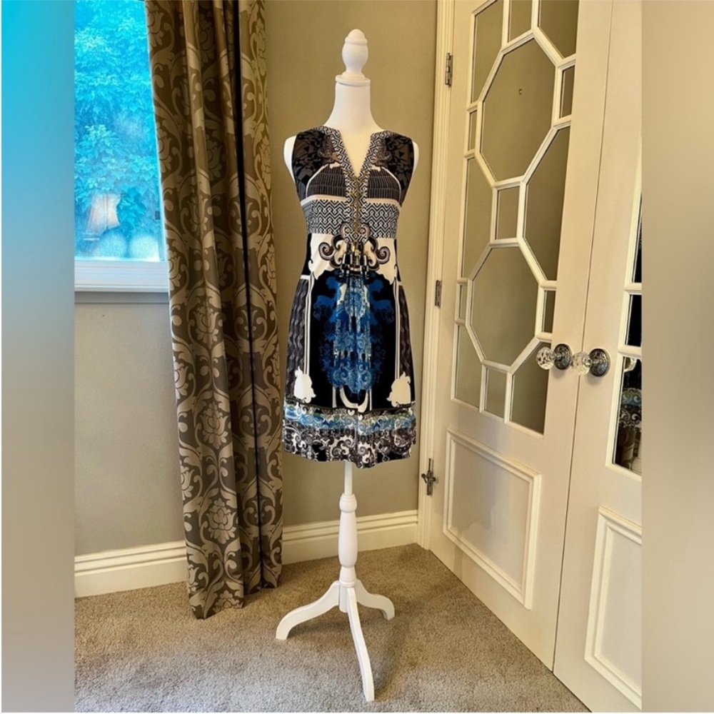 Hale Bob Art Deco Blue, White and Black Patterned V-Neck Dress Stretchy - Large